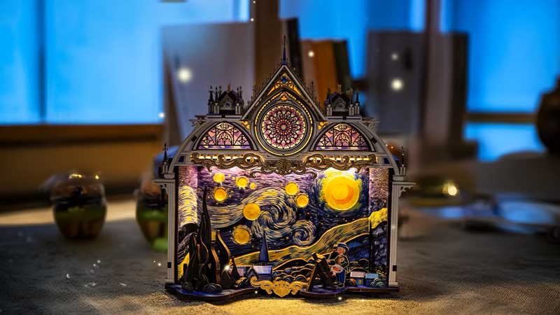 Van Gogh's Starry Night Rotating 3D Wooden Puzzle_Description_1